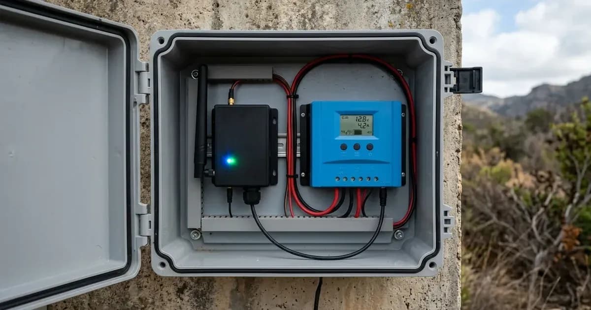 Wireless telemetry module with antenna connected to a solar charge controller inside an outdoor enclosure. — SolarNevs spec card