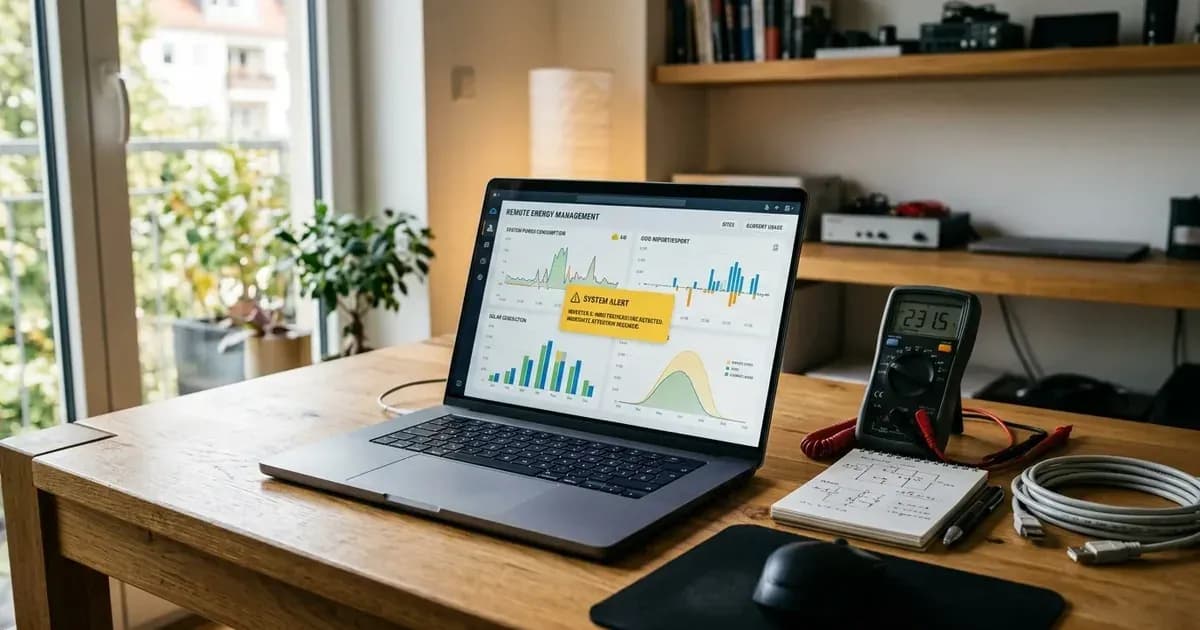 Energy management cloud portal dashboard open on a laptop screen beside electrical testing tools on a desk. — SolarNevs spec card