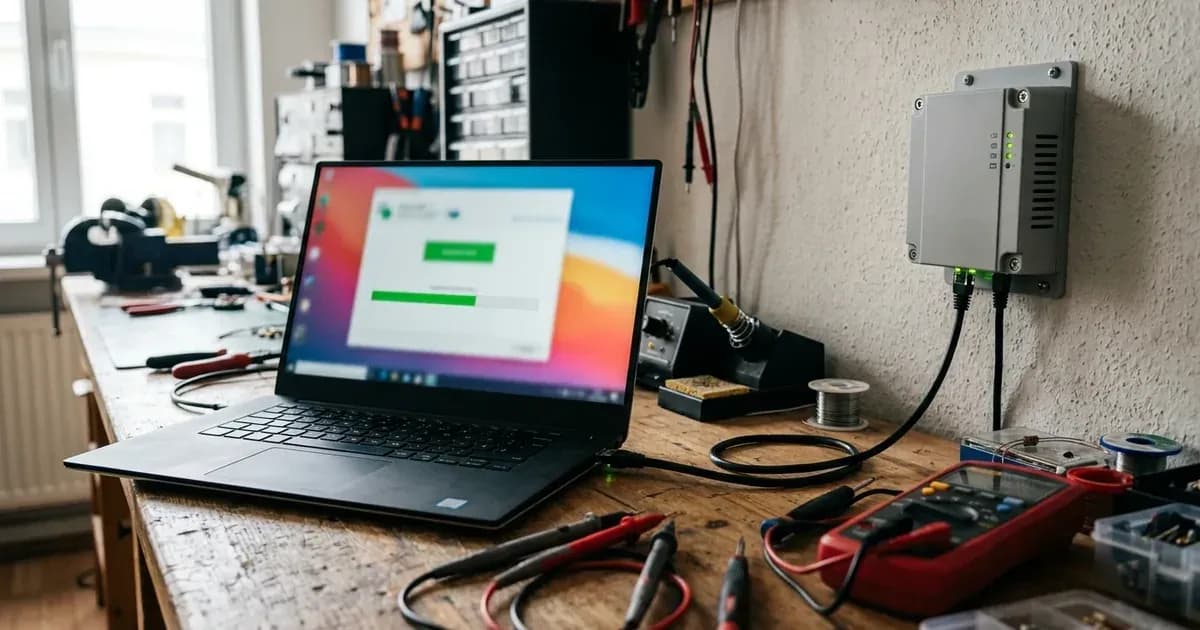 Laptop connected via Ethernet to a wall gateway unit on a workbench with a firmware update interface on screen. — SolarNevs spec card
