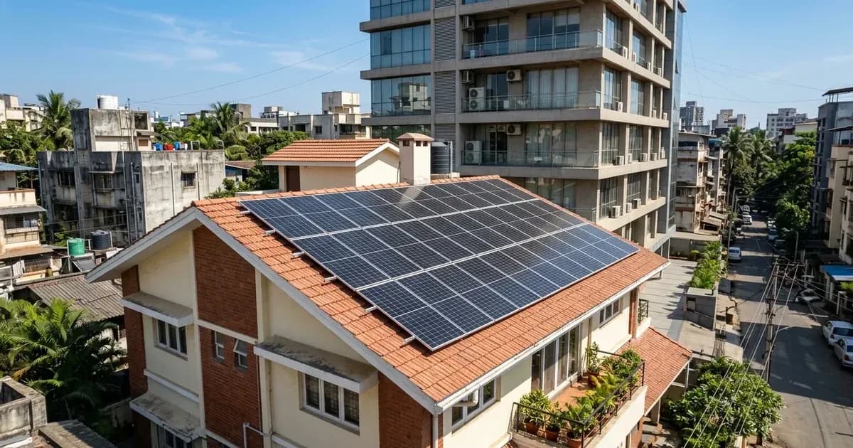 Solar panels installed on a residential tile roof beside a multistory urban building in daylight — SolarNevs spec card