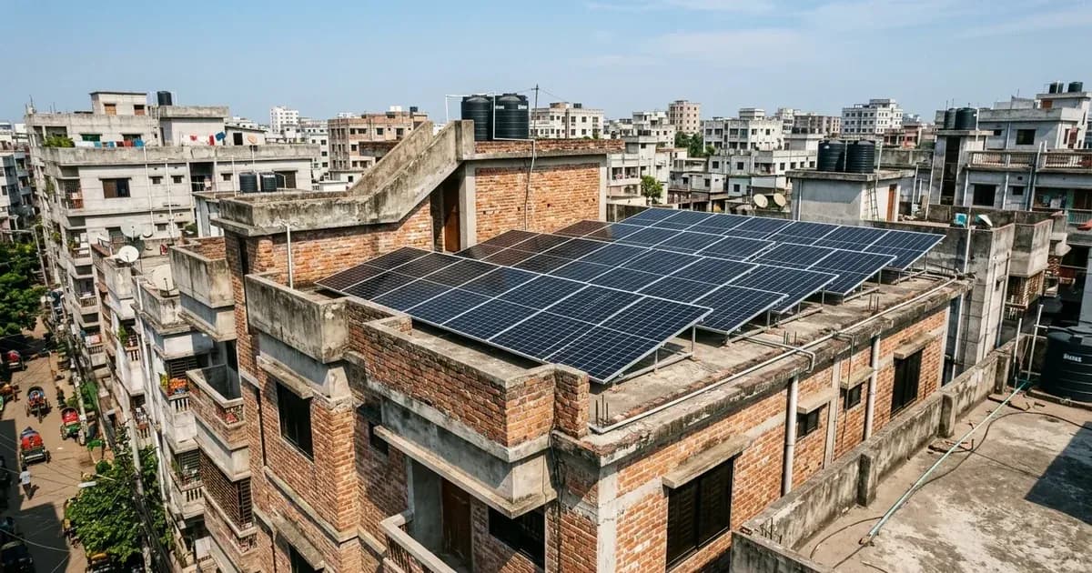 Residential rooftop solar PV array installed on a brick house in a South Asian city in daylight — SolarNevs spec card