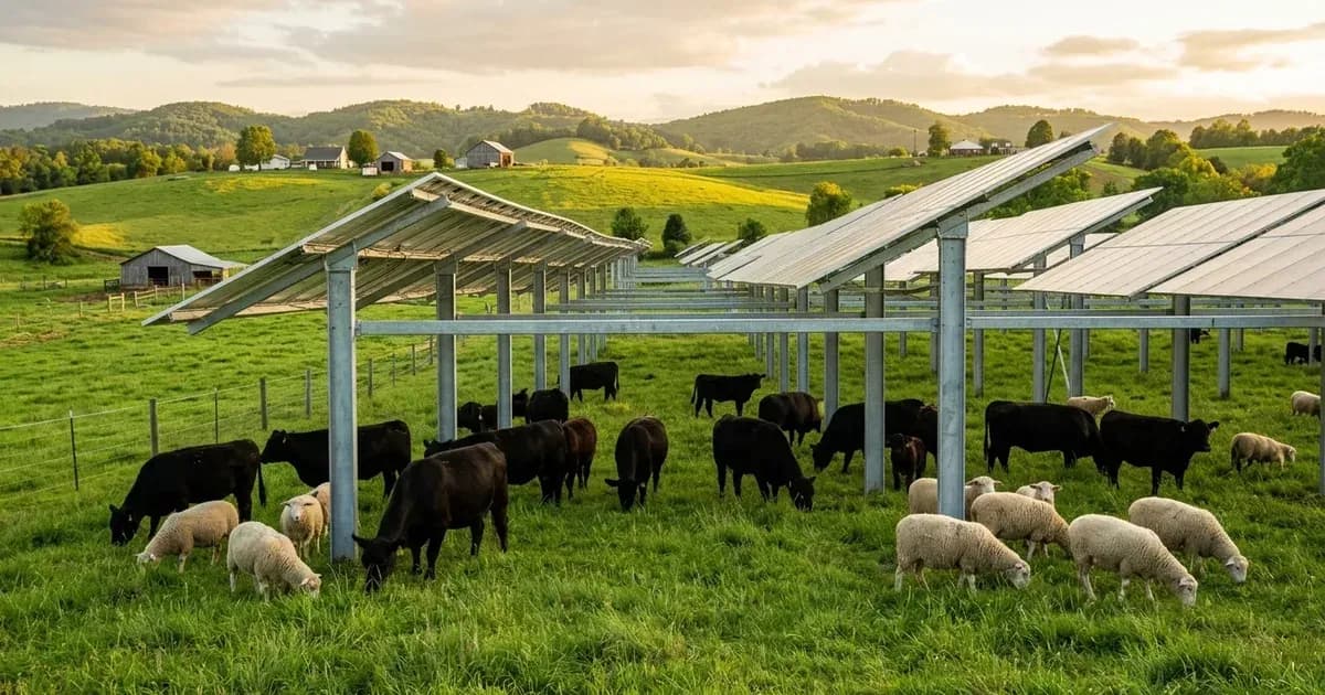 Cattle and sheep grazing beneath elevated agrivoltaic solar panel rows on a green pasture farm — SolarNevs spec card