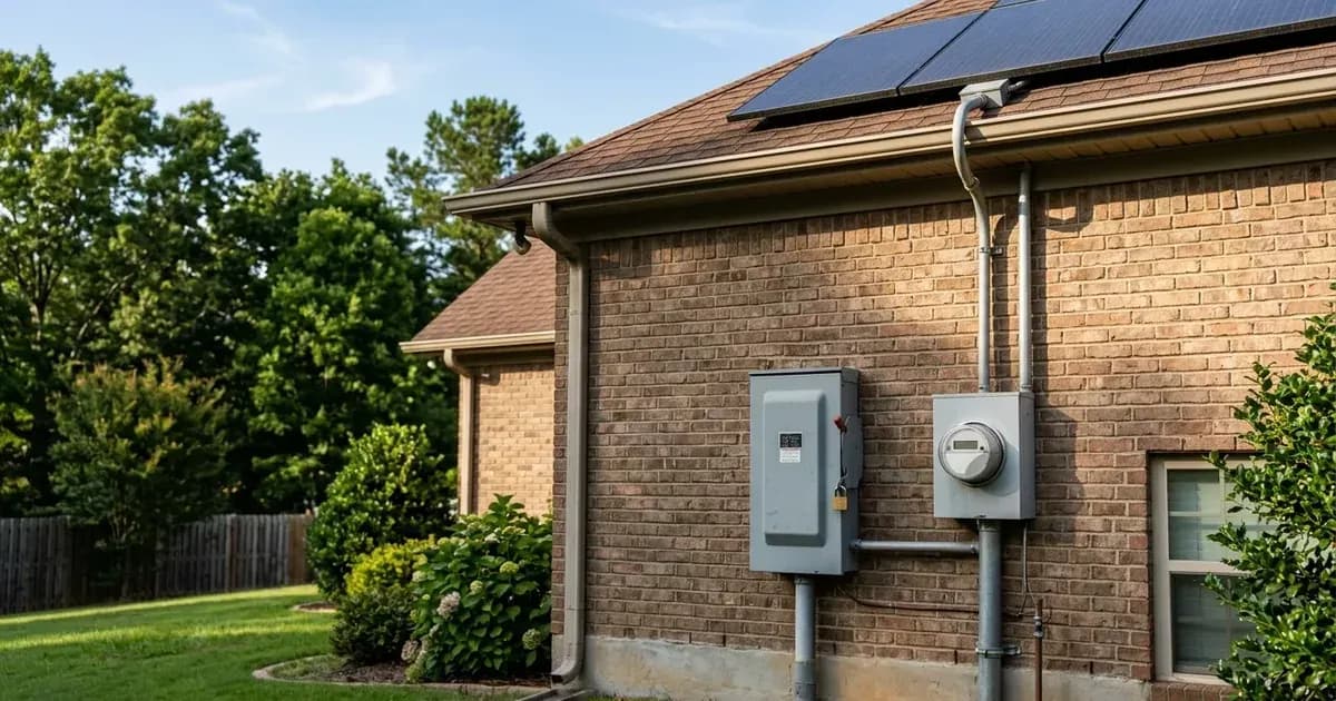 Residential rooftop solar array and exterior electrical service disconnect switch on a brick Alabama home — SolarNevs spec card