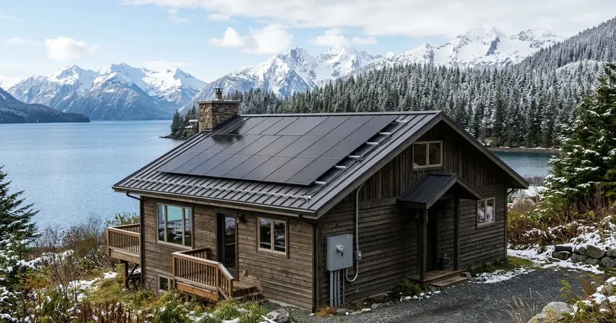 Residential solar panel array on a standing-seam metal roof overlooking an Alaskan fjord and mountains — SolarNevs spec card