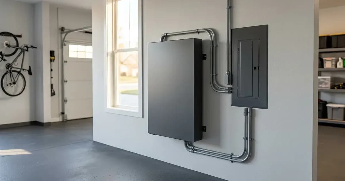 Residential wall-mounted lithium solar battery storage unit installed beside an electrical panel in a garage — SolarNevs spec card
