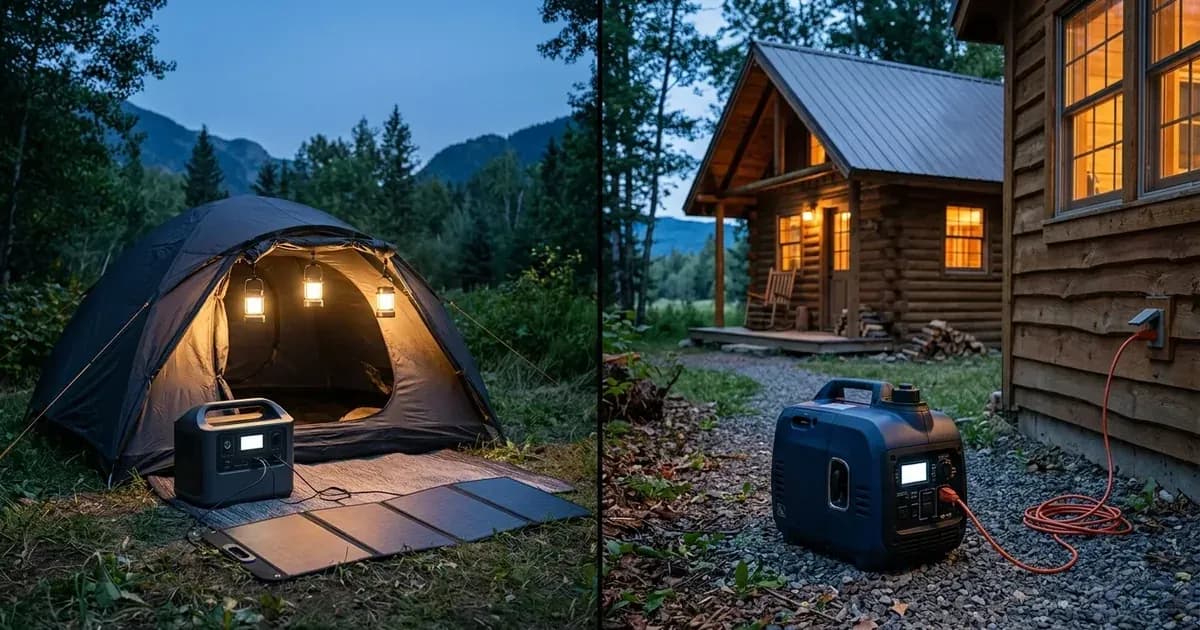Side-by-side comparison of a portable solar battery power station at a campsite and a fuel generator at a cabin — SolarNevs spec card