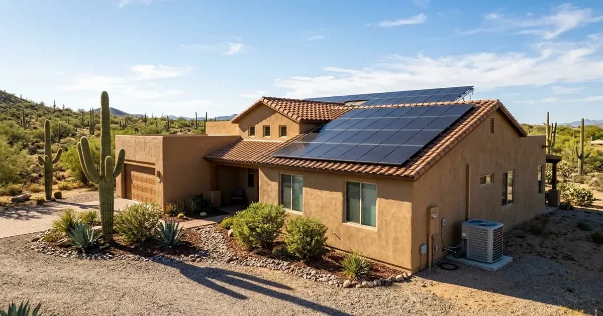 Southwestern home with rooftop solar panels and outdoor AC unit in the Arizona Sonoran desert — SolarNevs spec card