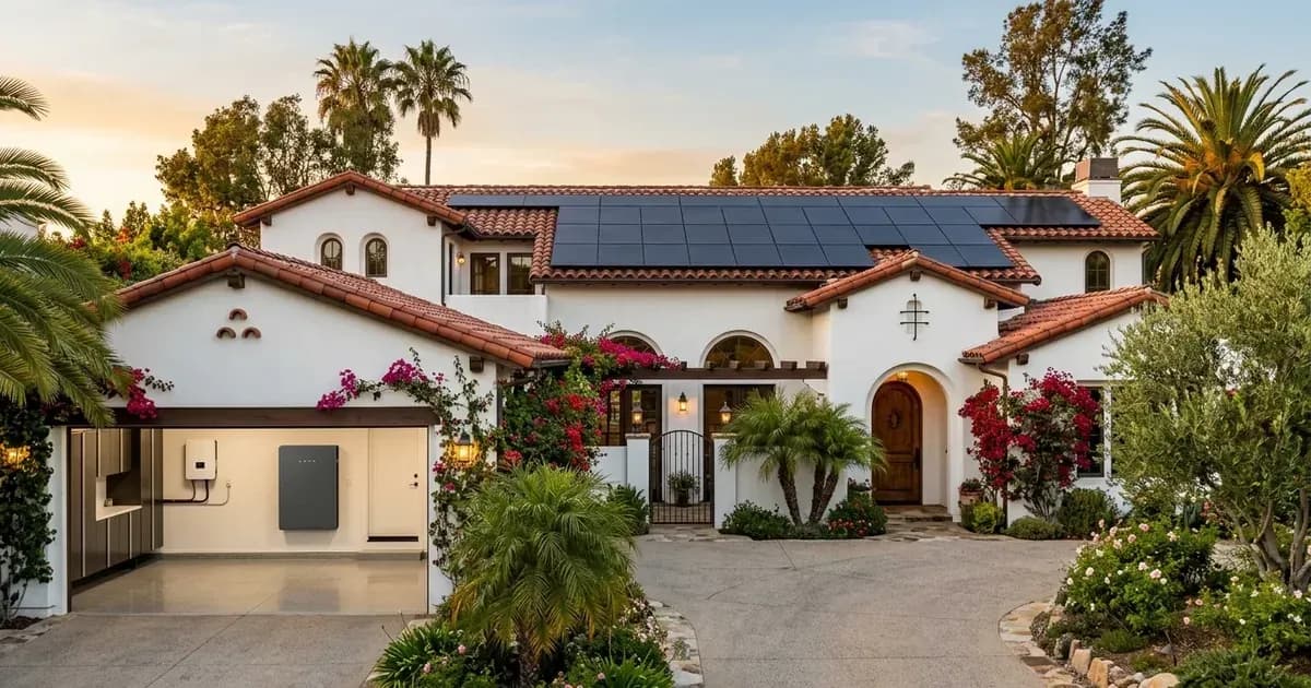Spanish-style California home with rooftop solar panels and wall battery in the garage at golden hour — SolarNevs spec card