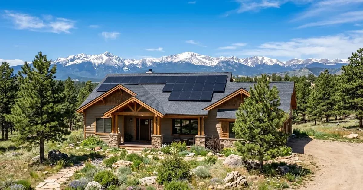 Colorado Front Range home with rooftop solar panels and snow-capped Rocky Mountains in background — SolarNevs spec card