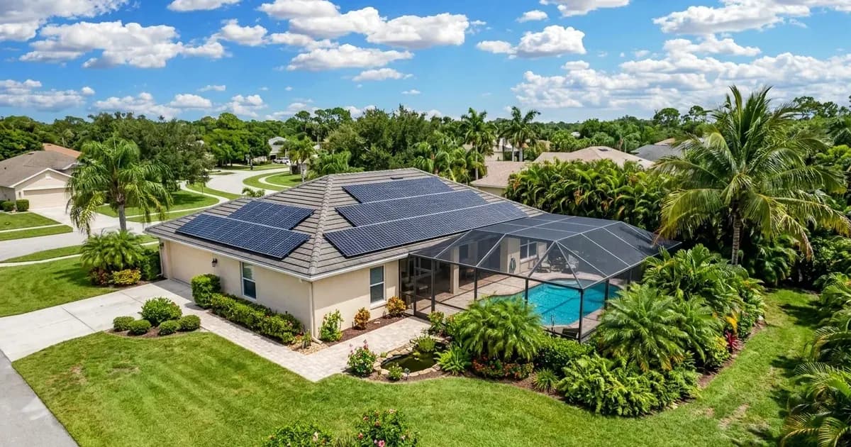 Florida residential home with rooftop solar panels and screened lanai pool enclosure surrounded by palm trees — SolarNevs spec card