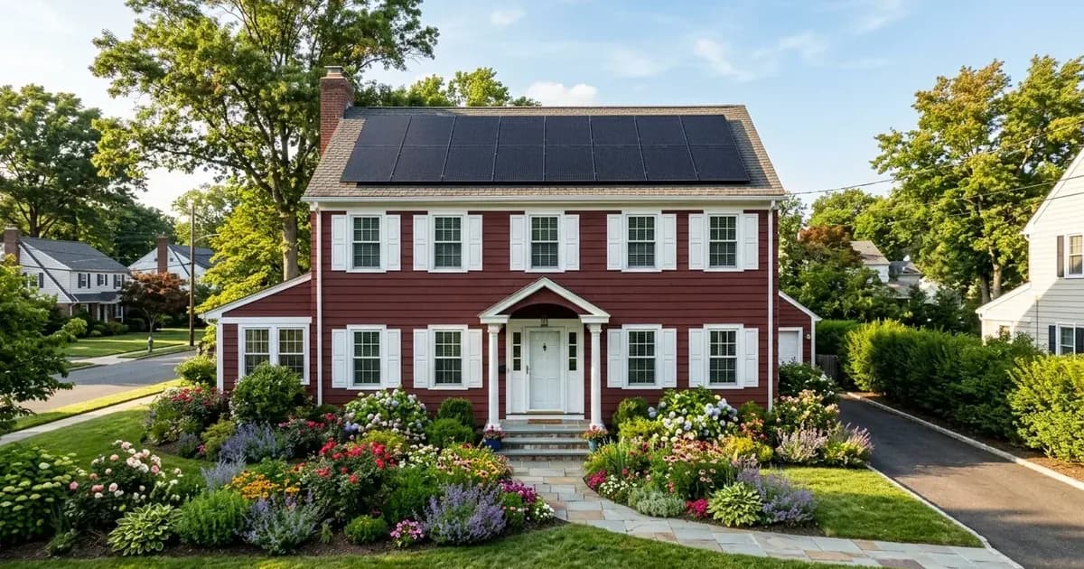 Colonial house in New Jersey with rooftop solar panel array and flowering front garden — SolarNevs spec card