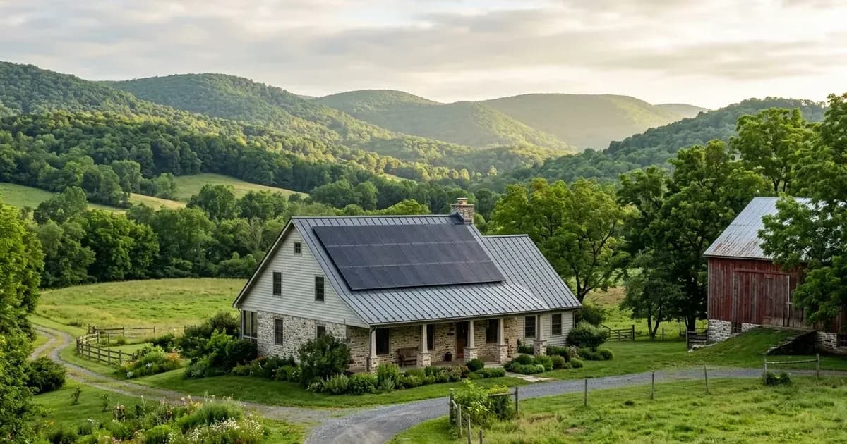Pennsylvania stone farmhouse with rooftop solar panels, rolling Appalachian hills and red barn — SolarNevs spec card