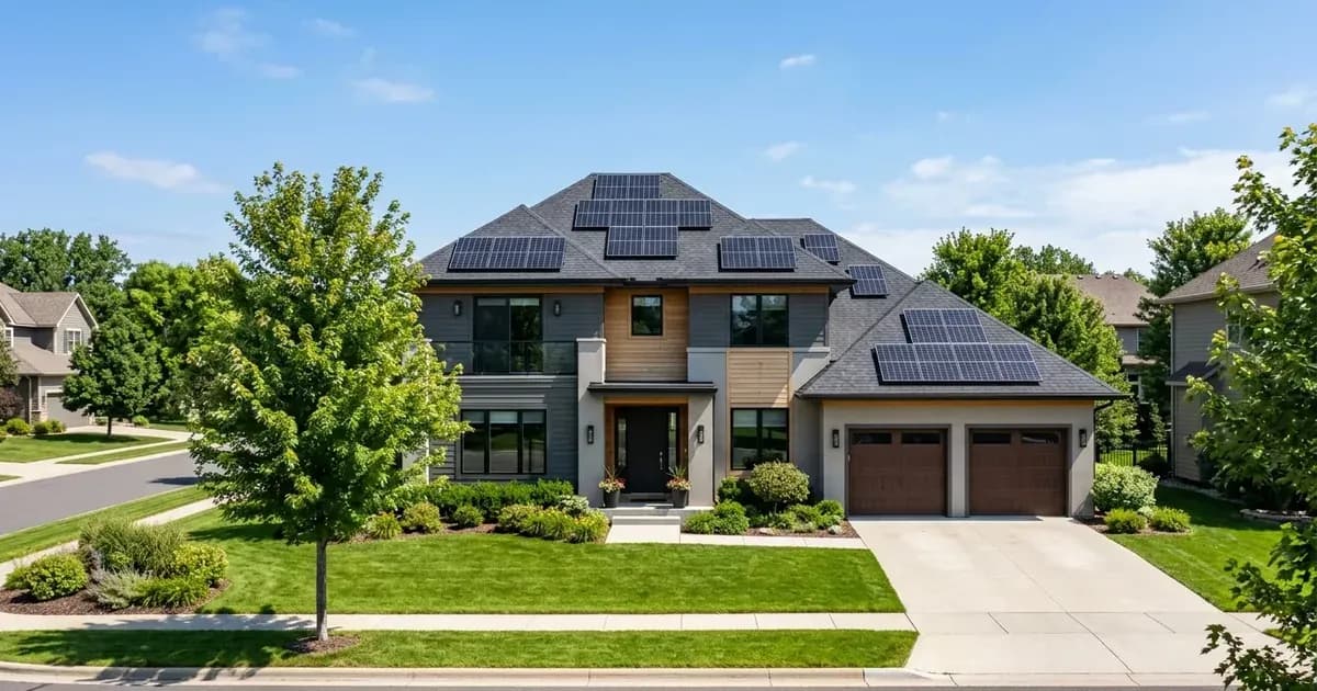 American two-story suburban home with high-efficiency rooftop solar panel installation under blue sky — SolarNevs spec card