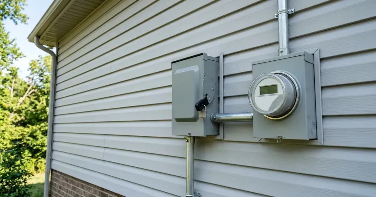 Residential exterior solar AC safety disconnect switch and utility meter base on home siding — SolarNevs spec card