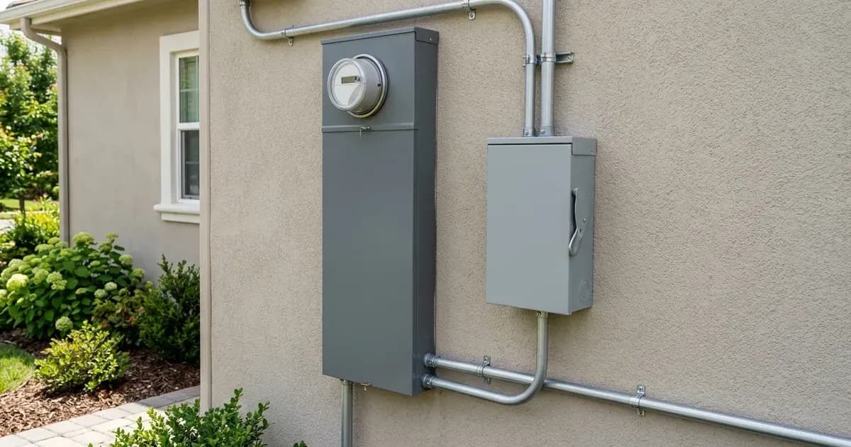 Residential exterior electric service panel and solar AC disconnect switch enclosure with metal conduit — SolarNevs spec card