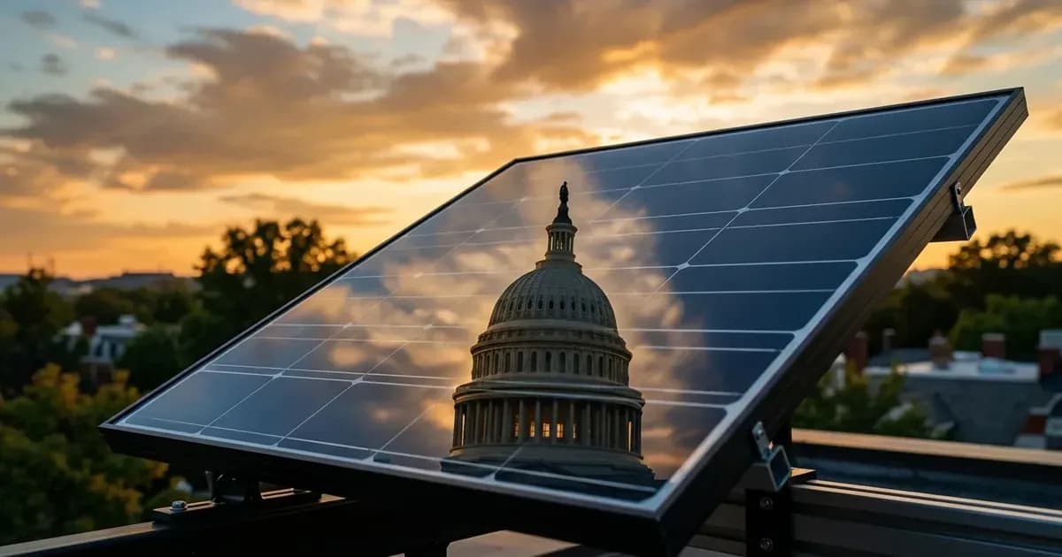 United States Capitol dome reflected on the glass surface of a rooftop solar panel at sunset — SolarNevs spec card