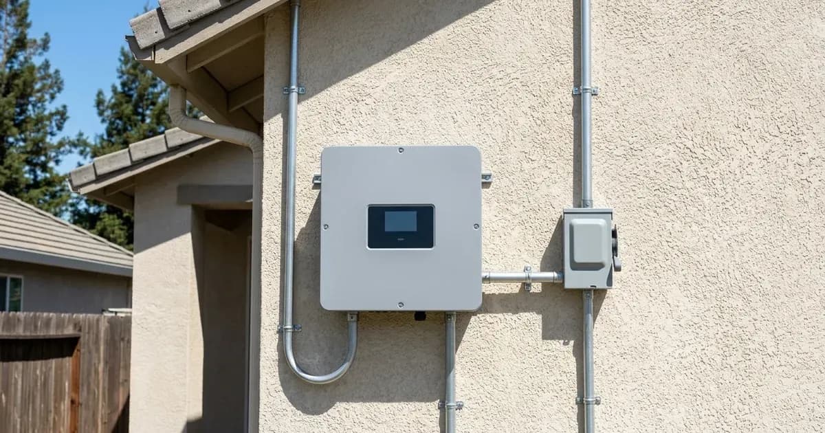 Residential smart solar inverter with blank display and safety disconnect switch on exterior wall — SolarNevs spec card