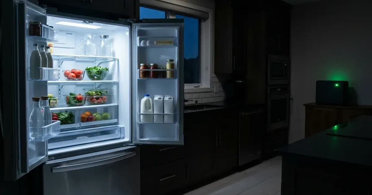 Illuminated refrigerator powered by compact home lithium backup battery during an evening power outage — SolarNevs spec card