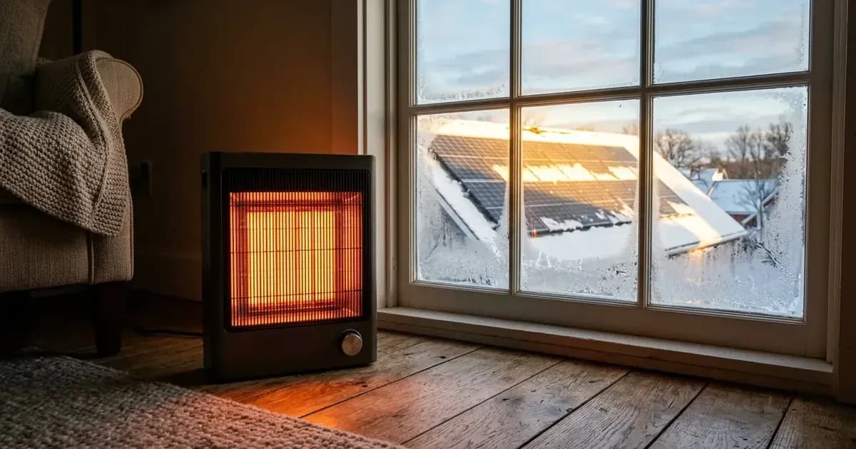 Electric space heater glowing inside a room near a window overlooking snow-covered rooftop solar panels — SolarNevs spec card