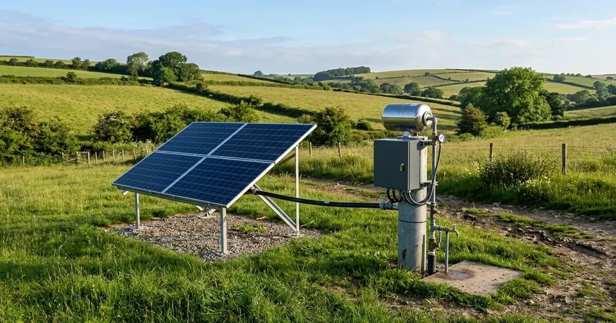 Ground-mounted solar array powering a water well pump and pressure tank in a rural pasture — SolarNevs spec card