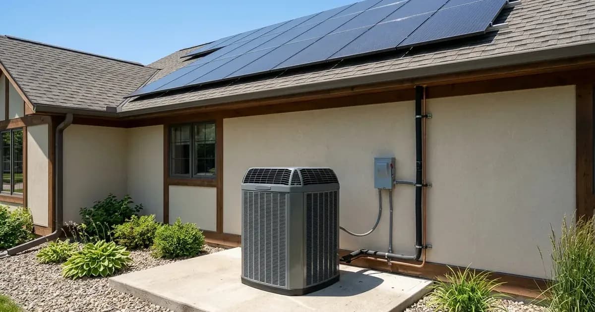 Outdoor residential air conditioning condenser unit operating beneath rooftop solar panel array — SolarNevs spec card