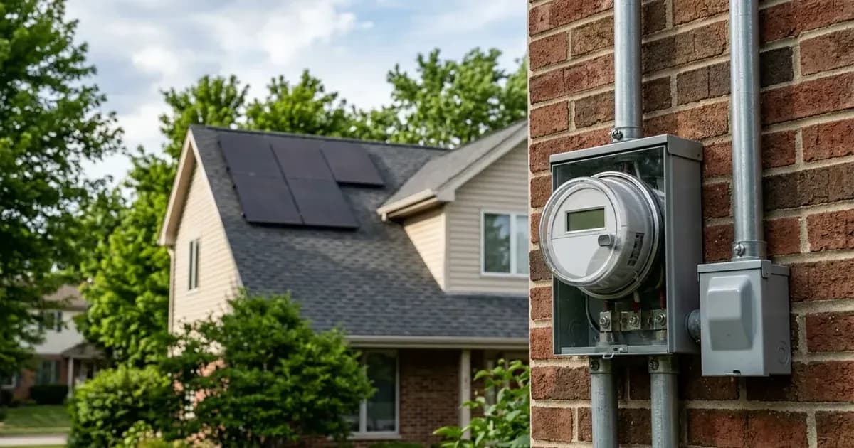 Outdoor residential smart utility meter with rooftop solar panels on a suburban Illinois home. — SolarNevs spec card