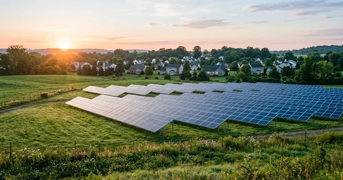 Rows of ground-mounted community solar panels on a green field at sunrise near suburban homes. — SolarNevs spec card