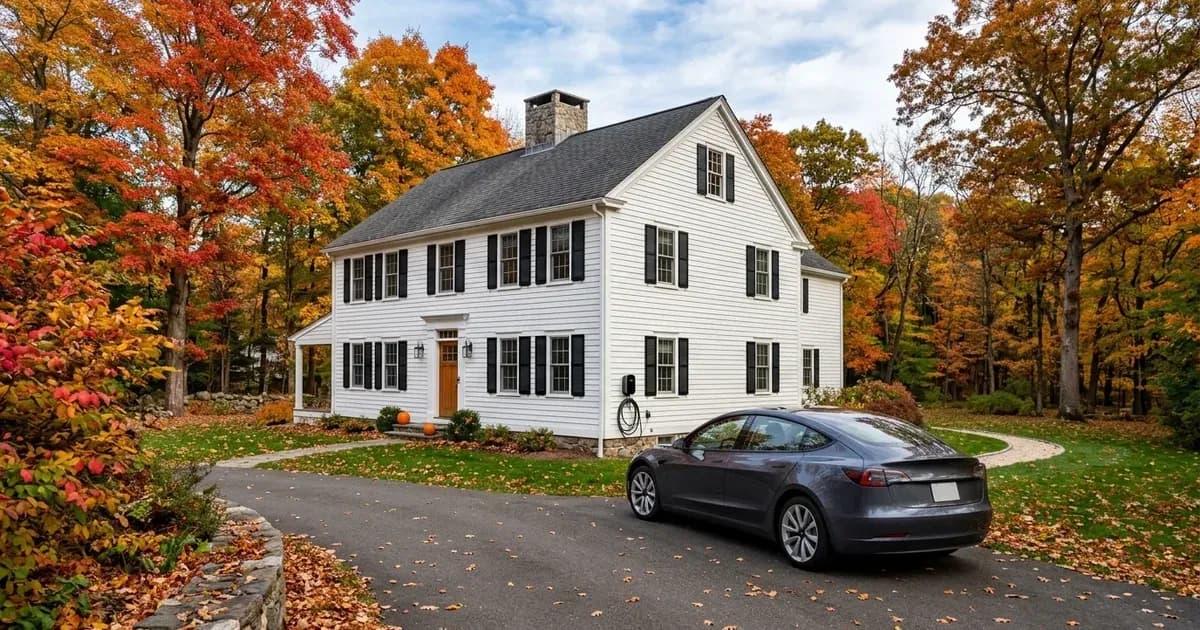 Modern electric vehicle parked by a home charger at a Connecticut colonial house in autumn. — SolarNevs spec card