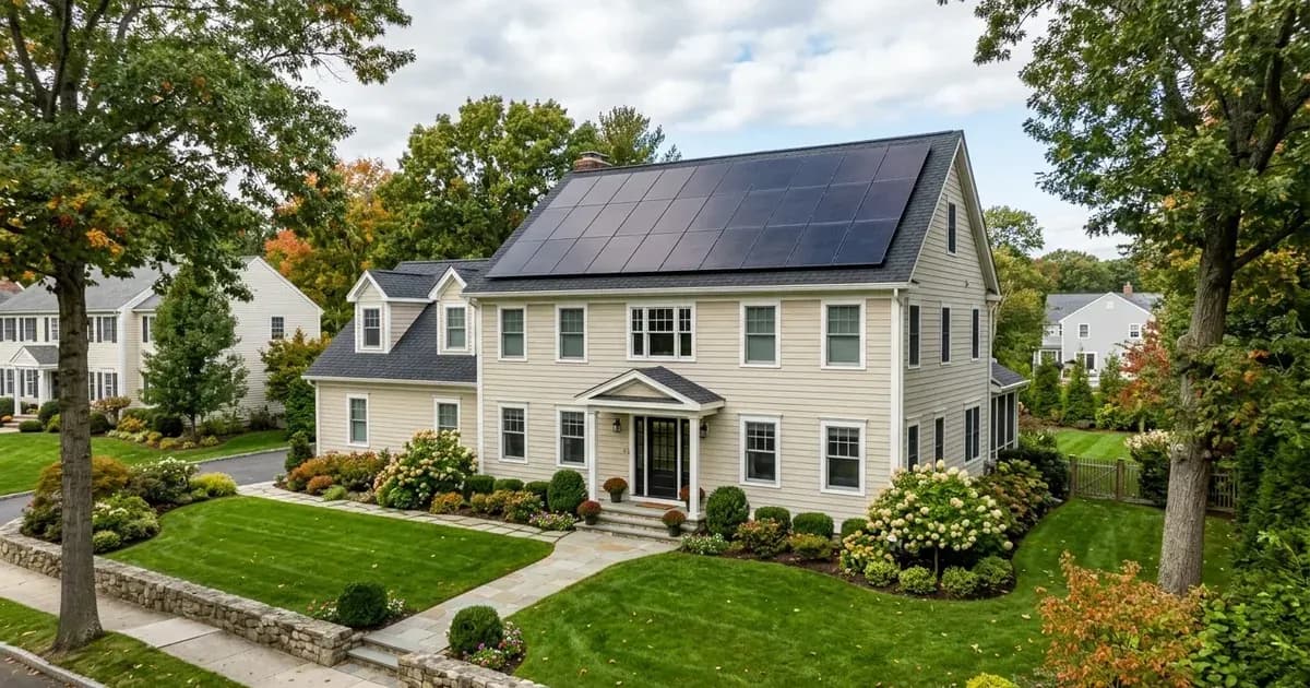 All-black solar panels installed on the roof of a suburban Connecticut colonial home. — SolarNevs spec card