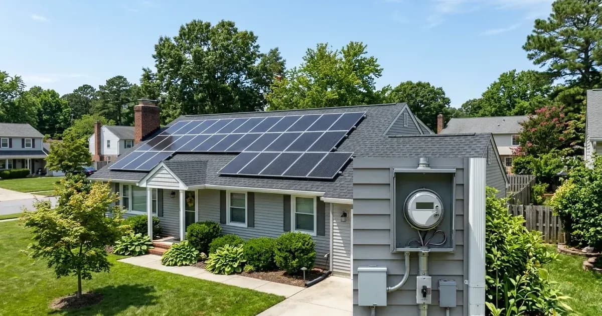 Rooftop solar panels and electric utility net meter on a suburban home in Delaware. — SolarNevs spec card