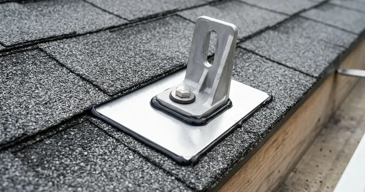 Properly flashed solar mounting bracket with clean sealant tucked under asphalt roof shingles. — SolarNevs spec card