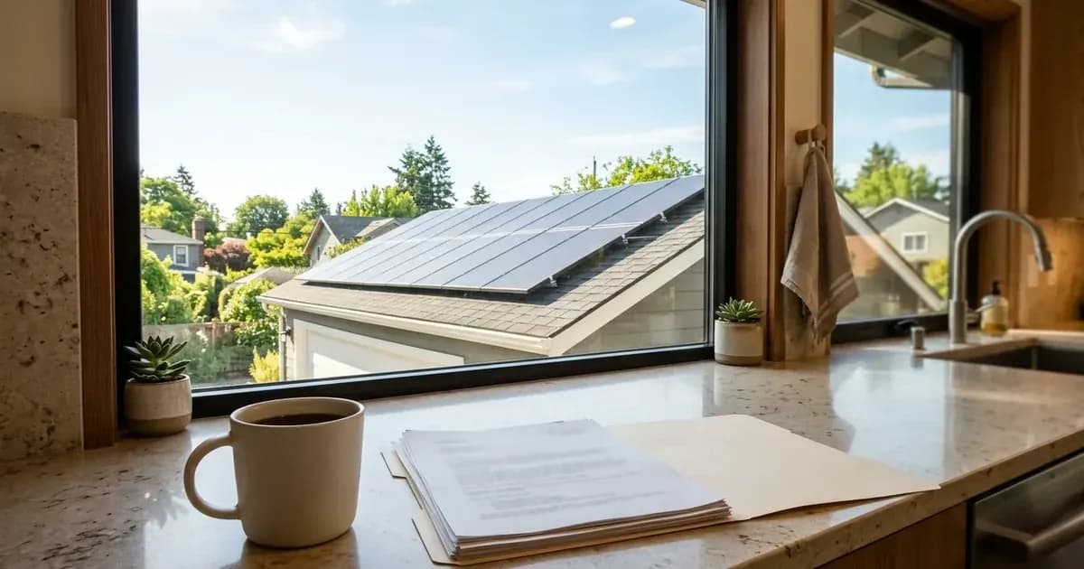 Kitchen countertop with policy paperwork and a rooftop solar array visible through the window. — SolarNevs spec card