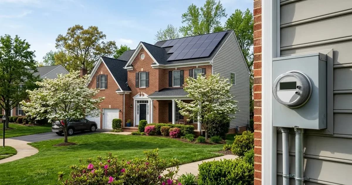 Suburban brick home in Virginia with rooftop solar panels and outdoor digital utility meter. — SolarNevs spec card