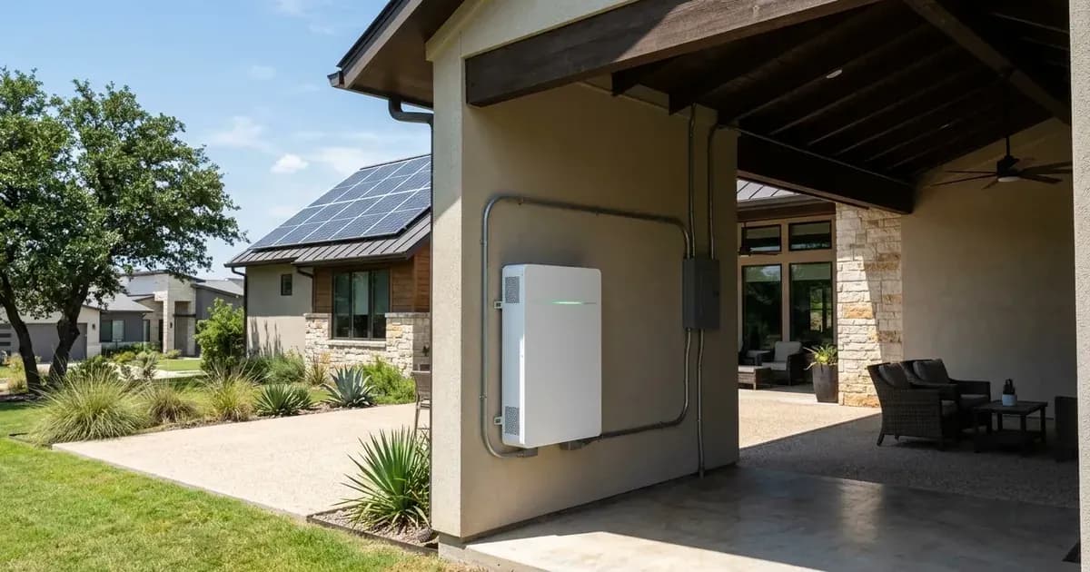 Wall-mounted home battery storage unit under a shaded patio with rooftop solar on a Texas home. — SolarNevs spec card
