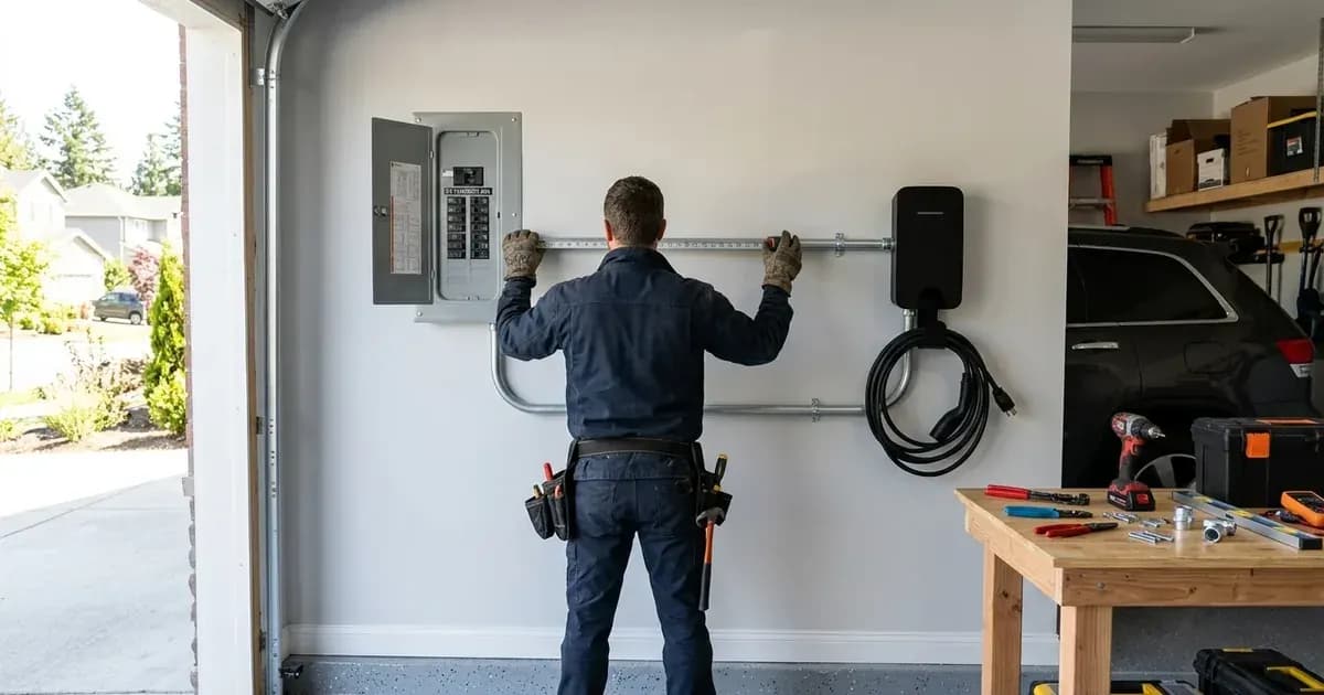 Electrician measuring conduit run between an electrical breaker panel and an EV charger in a garage. — SolarNevs spec card