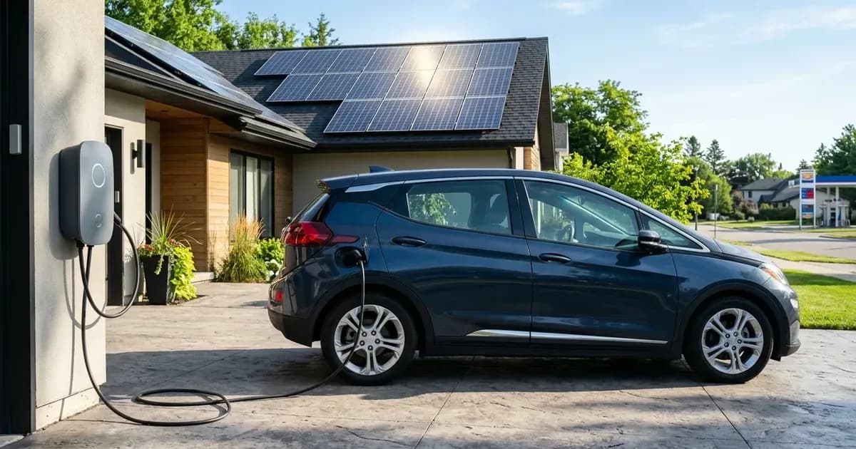 Electric car charging at a residential home with rooftop solar panels, with a gas station down the road. — SolarNevs spec card