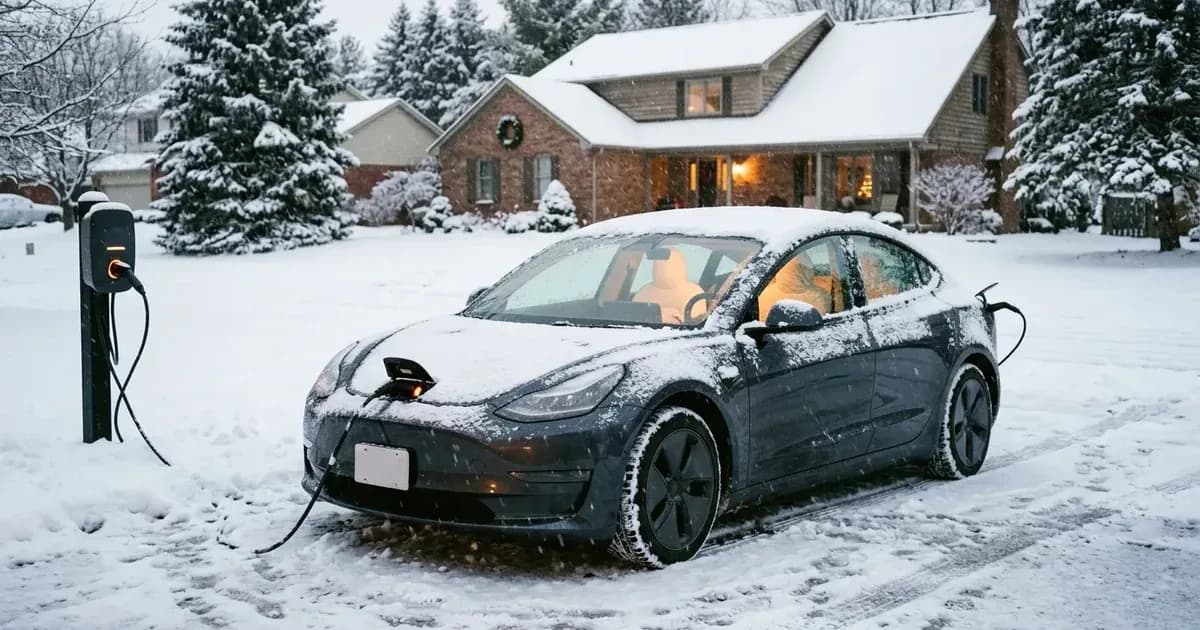 Electric vehicle charging outdoors in a snow-covered suburban driveway during winter. — SolarNevs spec card