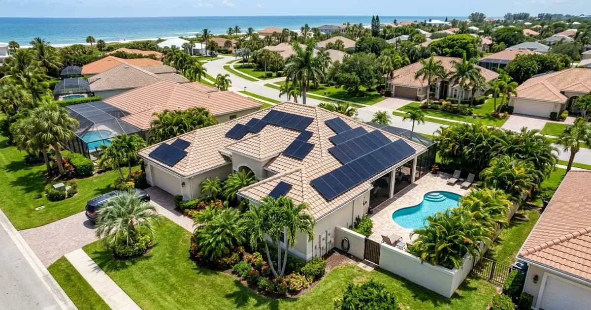 Aerial view of a Florida home with rooftop solar panels on tile roofing near the coast. — SolarNevs spec card