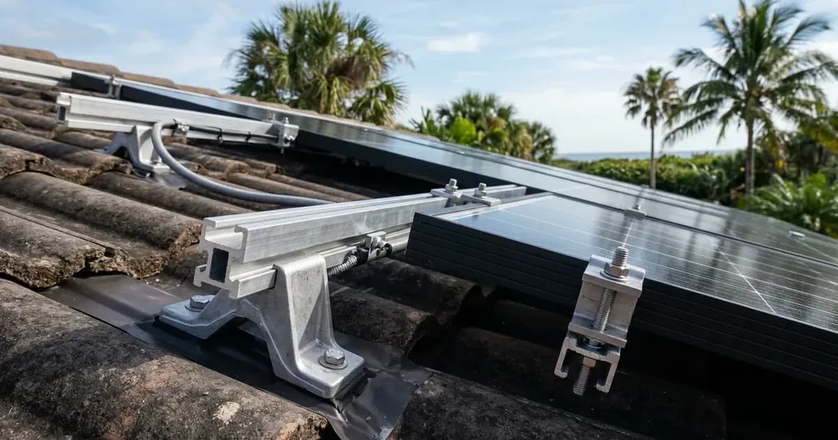 Heavy-duty wind-load rated aluminum solar mounting brackets and rails installed on a Florida tile roof. — SolarNevs spec card