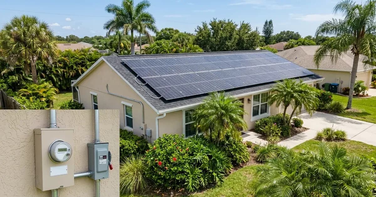 Residential rooftop solar array on a Florida home with an outdoor utility meter and disconnect switch. — SolarNevs spec card