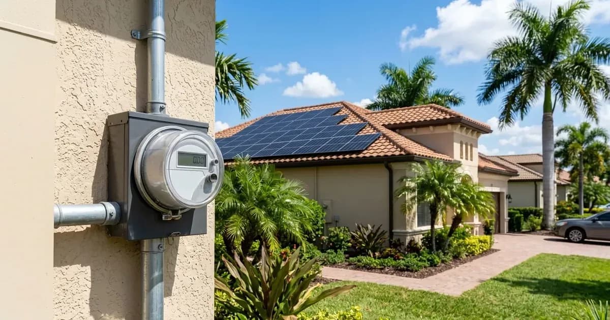 Bidirectional outdoor utility meter on a Florida house with rooftop solar panels and palm trees. — SolarNevs spec card