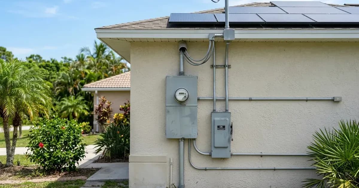 Outdoor residential utility meter enclosure and AC disconnect switch below solar panels on a Florida home. — SolarNevs spec card