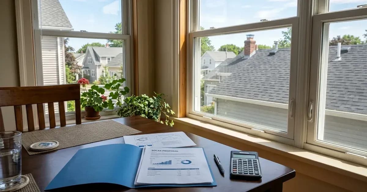 Solar proposal folder, calculator, and pen on a dining table overlooking suburban rooftops. — SolarNevs spec card