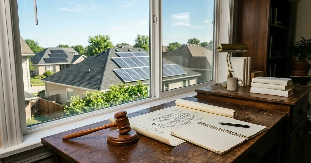Wooden gavel and architectural roof layout drawings on a desk overlooking a suburban neighborhood with solar panels. — SolarNevs spec card