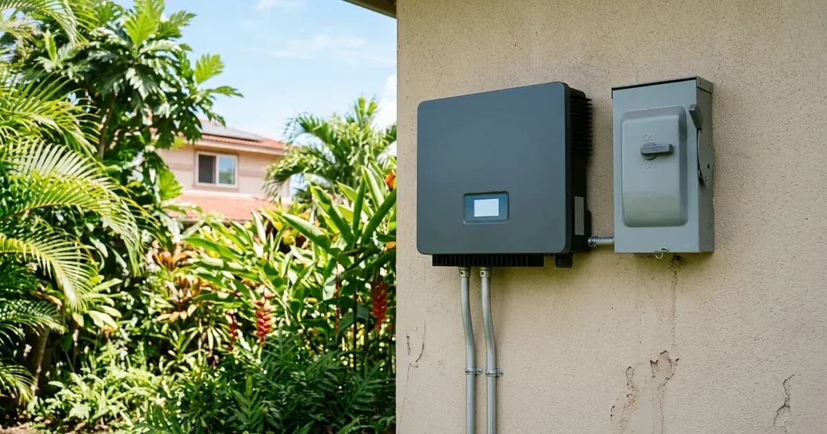 Modern solar inverter and AC disconnect switch on a home exterior wall in Hawaii surrounded by tropical foliage. — SolarNevs spec card
