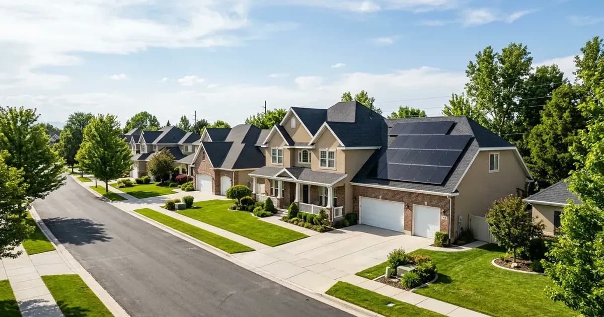 Manicured suburban HOA neighborhood with rooftop solar panels on a house under sunny skies. — SolarNevs spec card