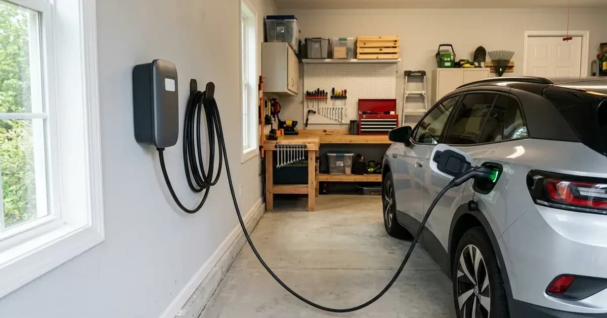 Level 2 EV wall charger in a clean garage with charging cable plugged into an electric car. — SolarNevs spec card