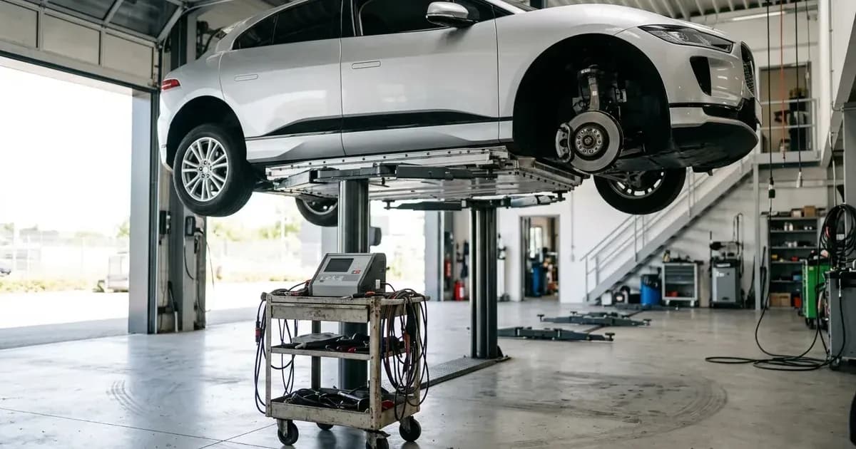 Electric vehicle elevated on a hydraulic lift in a service workshop showing the underbody battery pack. — SolarNevs spec card