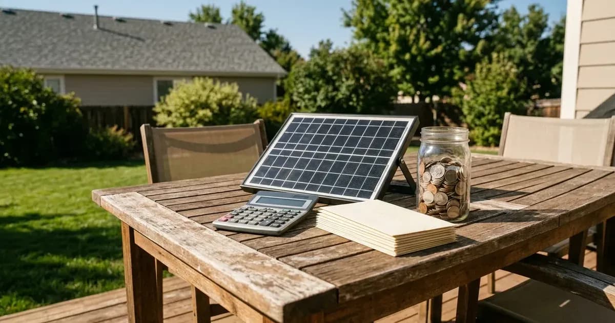 Solar panel, calculator, blank envelopes, and a glass jar of coins on an outdoor wooden table. — SolarNevs spec card