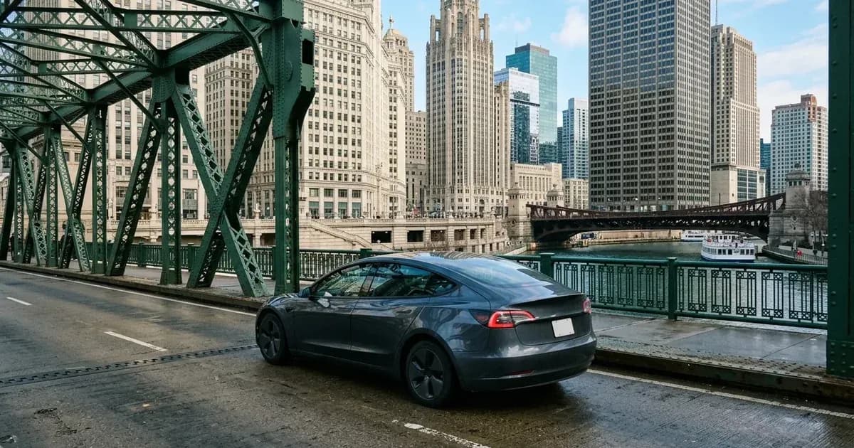 Electric car crossing a green steel bridge over the Chicago River with the city skyline behind. — SolarNevs spec card